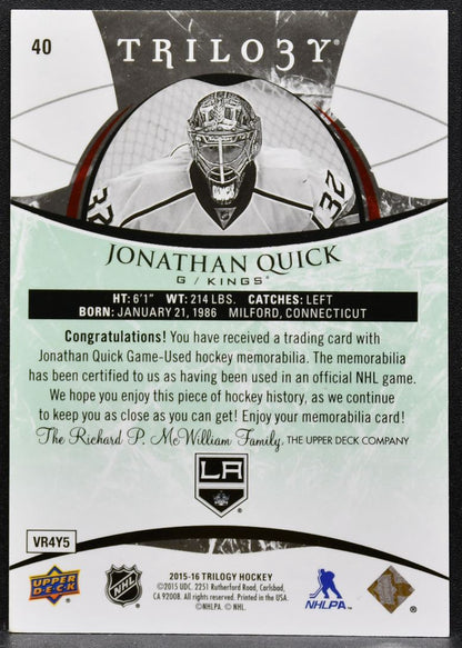 2015-16 UD Trilogy Green Rainbow Foil Jonathan Quick 40 Kings Jersey 9301
