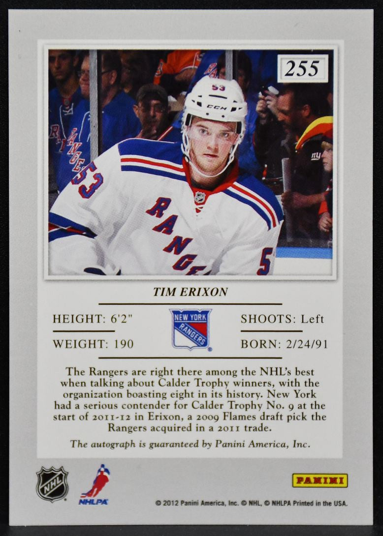 2011-12 Panini Elite Rookie Blue Autographs Tim Erixon 255 Rangers Auto 7693