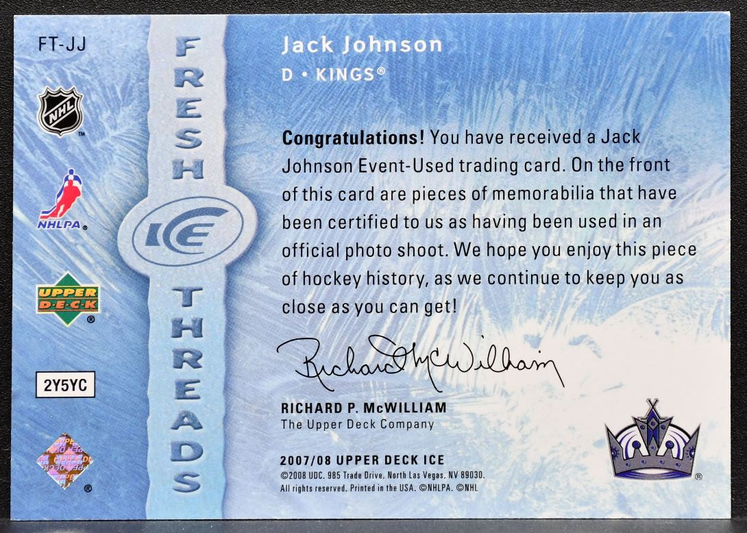 2007-08 Upper Deck Ice Fresh Threads Jack Johnson FT-JJ Kings RC 4190