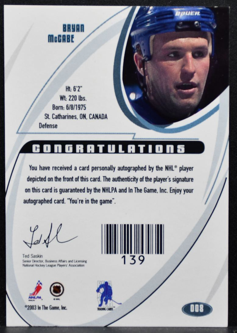 2002-03 In The Game Signature Series Auto Bryan McCabe 008 Maple Leafs Auto 3937