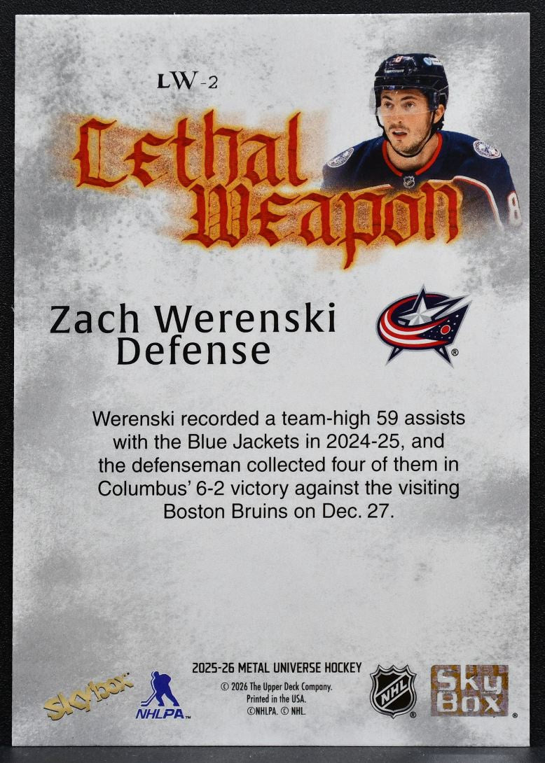 2025-26 SkyBox Metal Universe Lethal Weapon Zach Werenski LW-2 Blue Jackets 9645