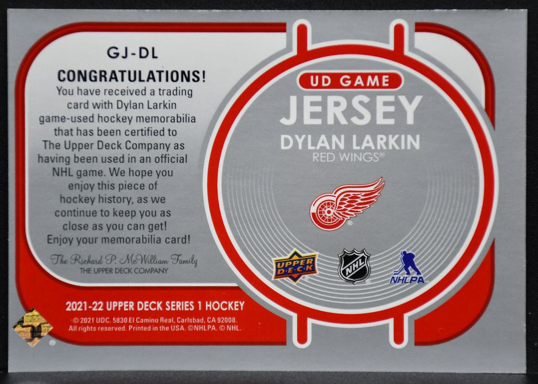 2021-22 UD Series 1 UD Game Jersey Dylan Larkin GJ-DL Detroit Red Wings Jersey 5609