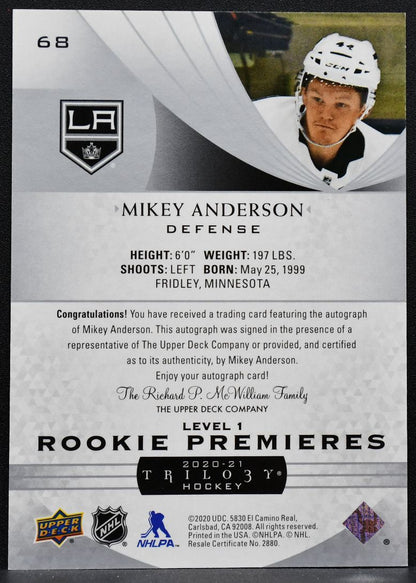 2020-21 UD Trilogy Rookie Premieres Auto Lvl1 Mikey Anderson Kings RC Auto 7542