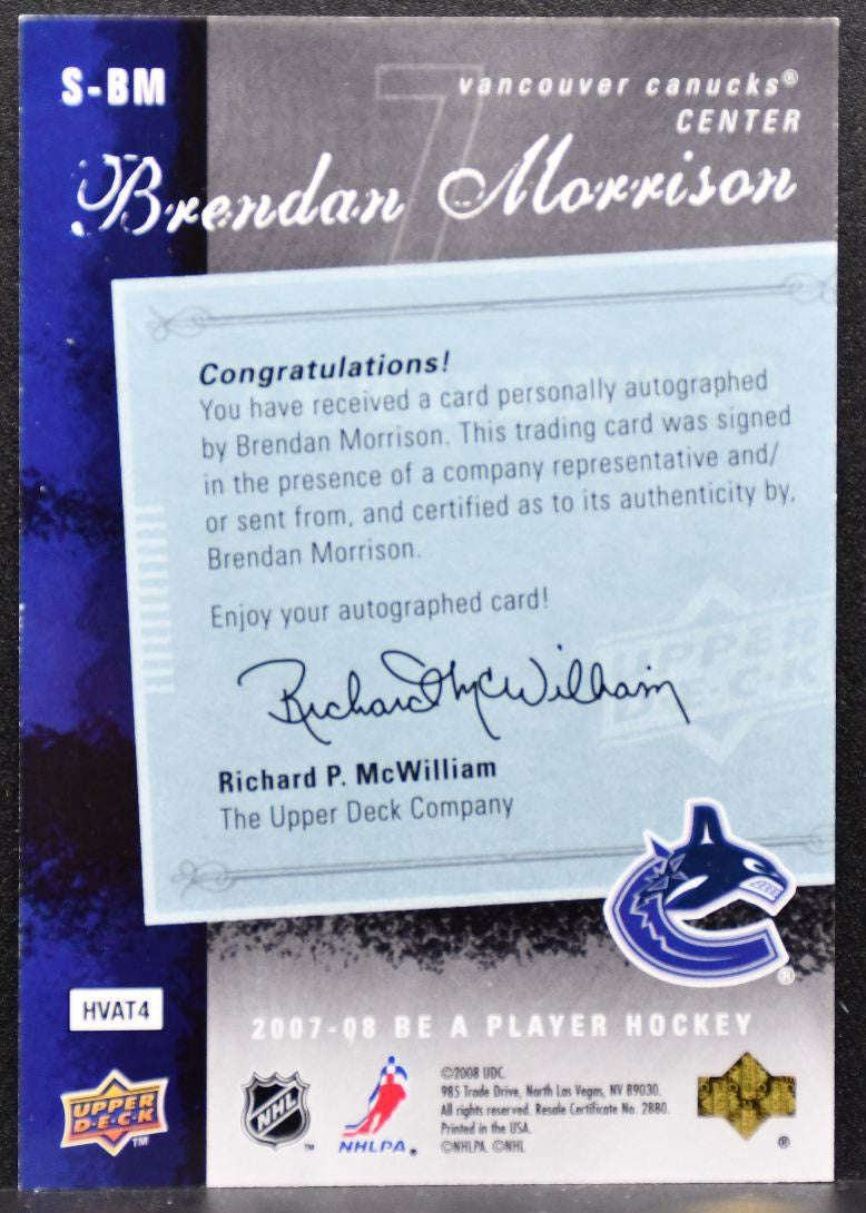 2007-08 Upper Deck Be a Player Signatures Brendan Morrison Canucks Auto 3326