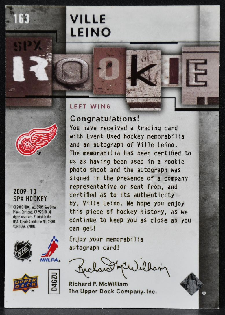 2009-10 SPx Rookie Auto Jersey Ville Leino 163 RC Auto 224/799 Jersey 4105