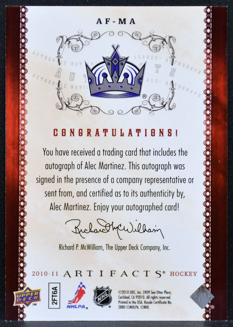 2010-11 Upper Deck Artifacts Autofacts Alec Martinez AF-MA Kings Auto 5729
