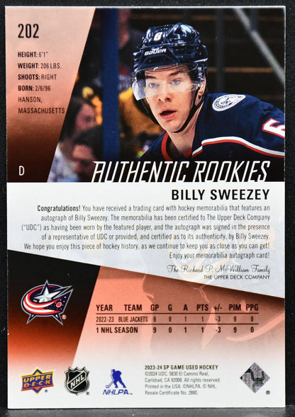 2023-24 SP Game Used Auto Jersey Billy Sweezey 202 RC Auto 003/149