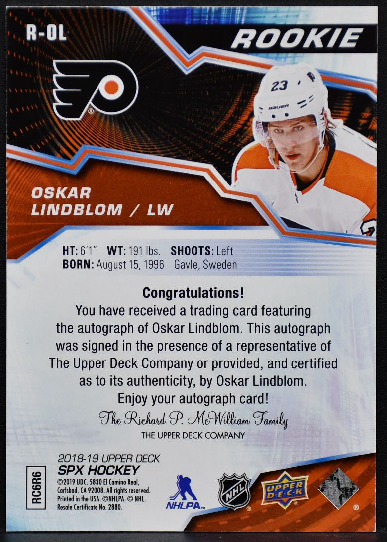 2018-19 SPx Rookies Autographs Oskar Lindblom R-OL Flyers RC Auto 132/249
