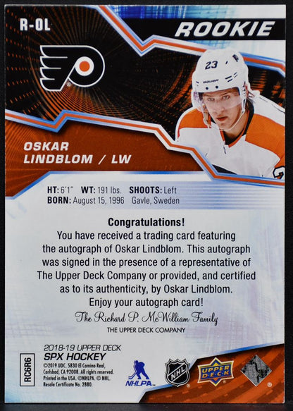 2018-19 SPx Rookies Autographs Oskar Lindblom R-OL Flyers RC Auto 132/249