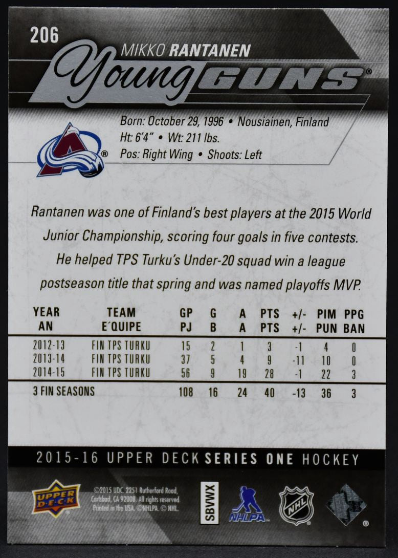 2015-16 UD Series 1 Young Guns Mikko Rantanen 206 RC #1