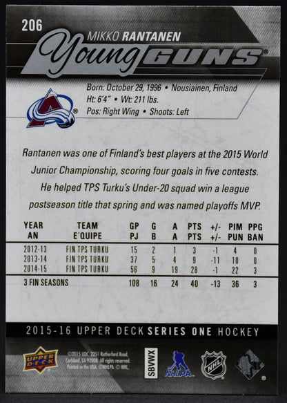 2015-16 UD Series 1 Young Guns Mikko Rantanen 206 RC #1
