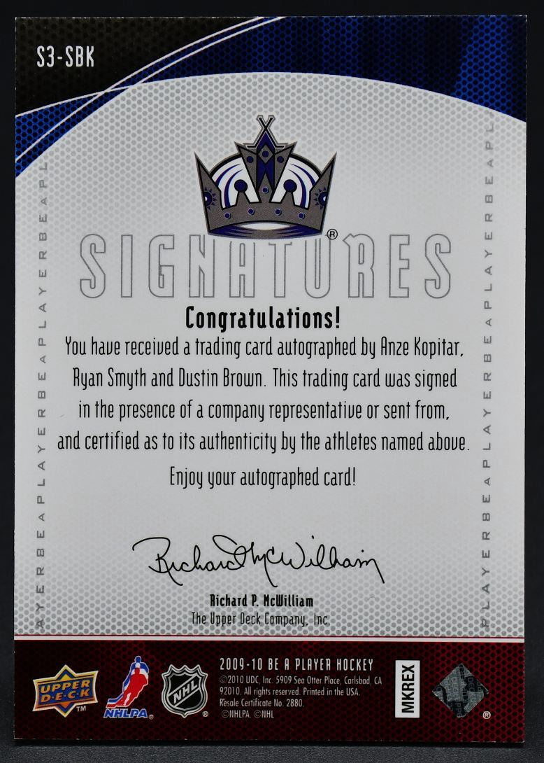 2009-10 UD Be A Player Triple Signatures Kopitar/Smyth/Brown S3-SBK Auto