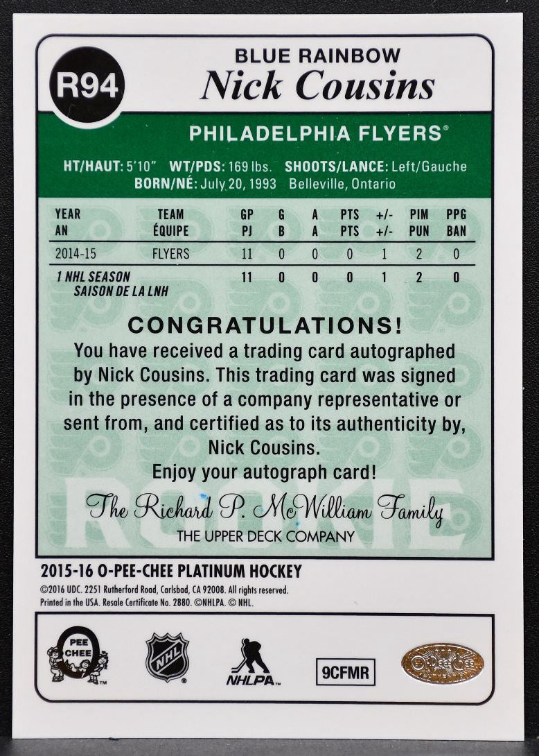 2015-16 O-Pee-Chee Platinum Retro Rookie Blue Rainbow Auto Cousins RC Auto 9282