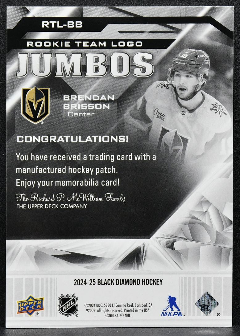 2024-25 UD Black Diamond Rookie Team Logo Jumbos Brendan Brisson RC Patch 9262