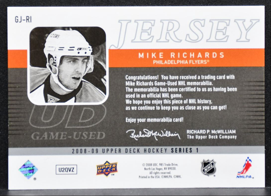 2008-09 Upper Deck Series 1 UD Game Jerseys Mike Richards Flyers Jersey 1564