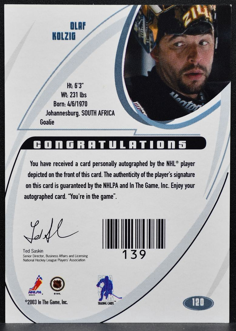 2002-03 In The Game Signature Olaf Kolzig 120 Washington Capitals Auto 0446