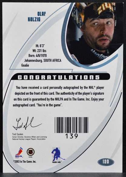 2002-03 In The Game Signature Olaf Kolzig 120 Washington Capitals Auto 0446