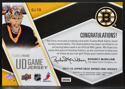 2011-12 Upper Deck Series 1 UD Game Jerseys Tuukka Rask GJ-TR Bruins Jersey 1632