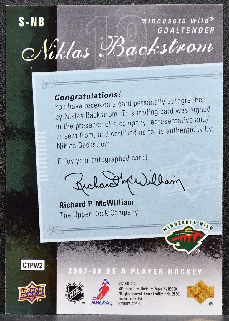 2007-08 Upper Deck Be a Player Signatures Niklas Backstrom S-NB Wild Auto 2480