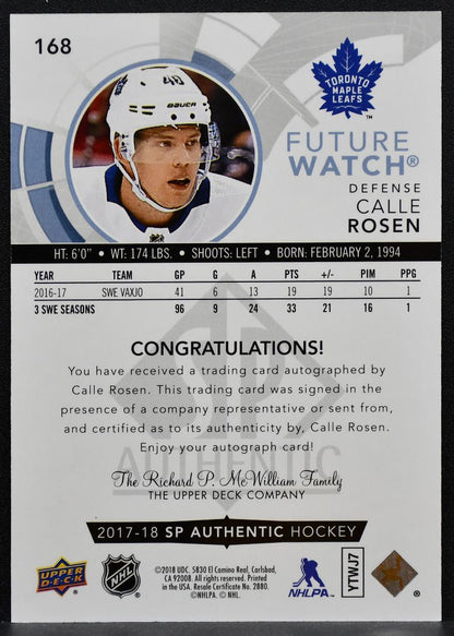 2017-18 SP Authentic Future Watch Auto Calle Rosen RC Auto 187/999 8285