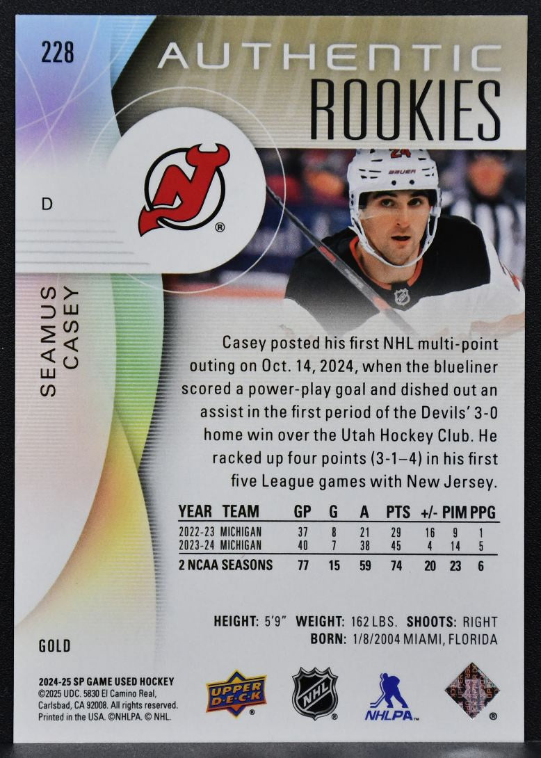 24-25 SP Game Used Authentic RCs Gold Seamus Casey 228 Devils RC 147/149 7504