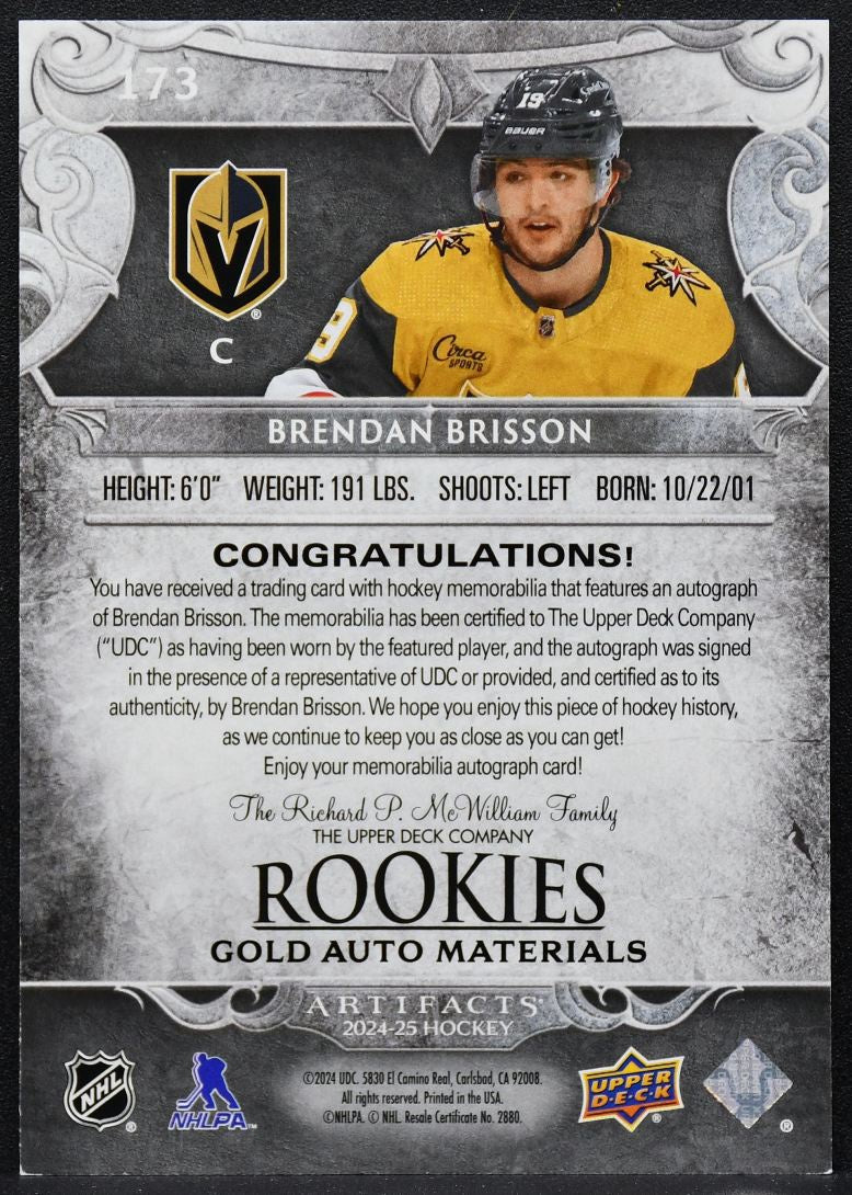 2024-25 UD Artifacts Rookies Gold Auto Materials Brisson RC Auto Jersey 6131