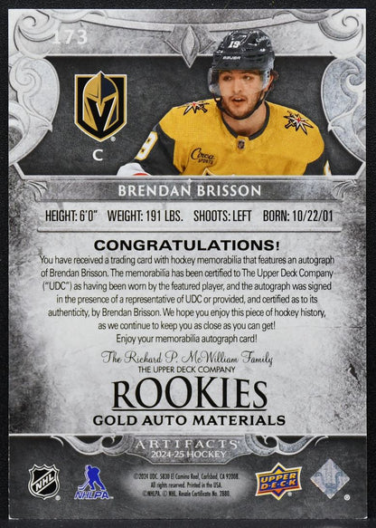 2024-25 UD Artifacts Rookies Gold Auto Materials Brisson RC Auto Jersey 6131