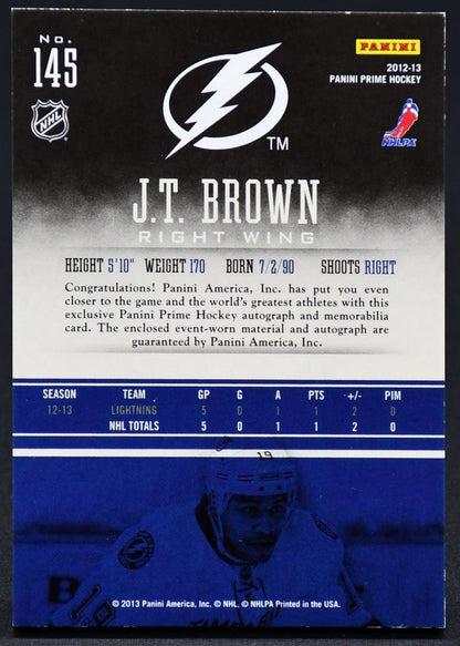 2012-13 Panini Prime Prime Rookies J.T. Brown 145 RC Auto Jersey