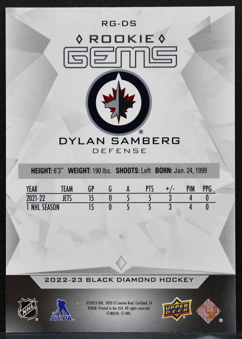 2022-23 UD Black Diamond Rookie Gems Ruby Dylan Samberg Jets RC 084/100 3048