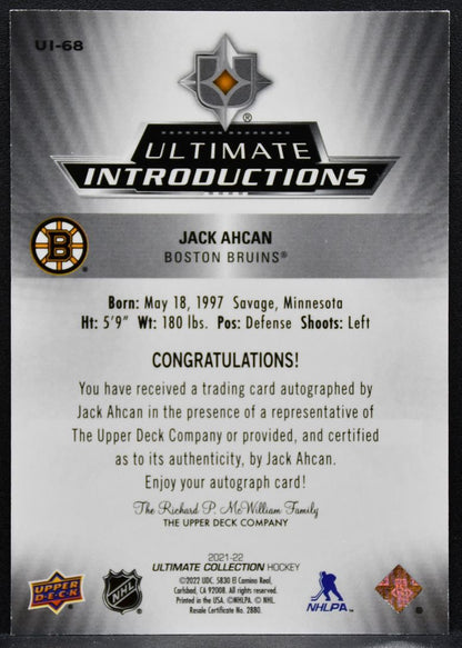 2021-22 UD Ultimate Collection Introductions Auto Jack Ahcan Bruins RC Auto 0246