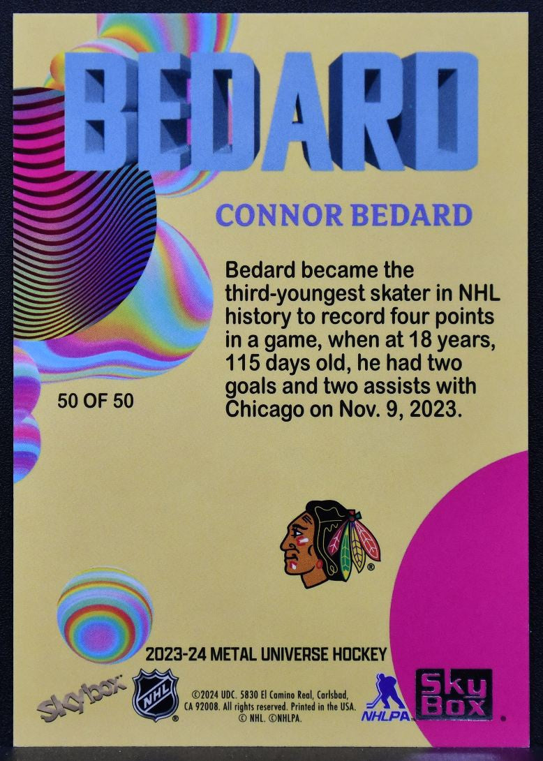 2023-24 UD Metal Universe Z Force Connor Bedard 50 OF 50 Chicago Blackhawks RC 8518