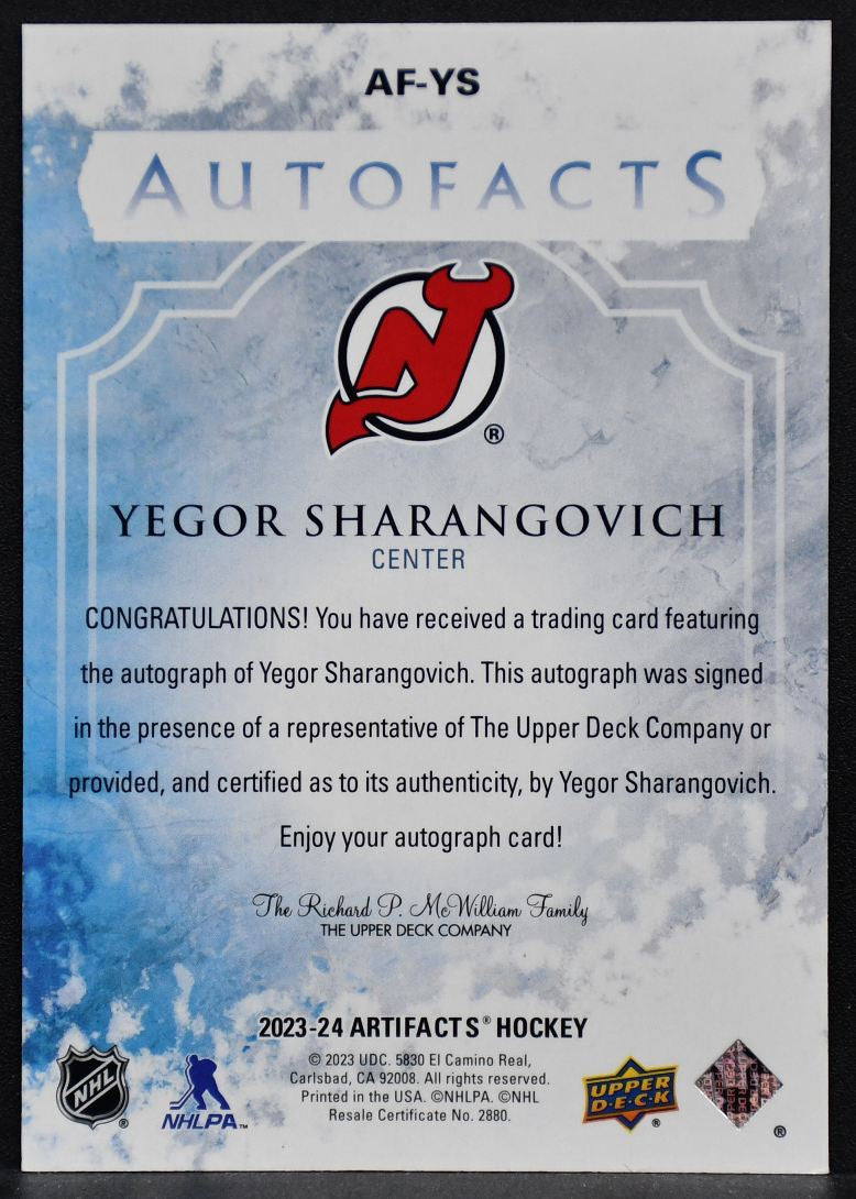 2023-24 UD Artifacts Auto Facts Yegor Sharangovich AF-YS New Jersey Devils Auto