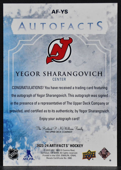 2023-24 UD Artifacts Auto Facts Yegor Sharangovich AF-YS New Jersey Devils Auto