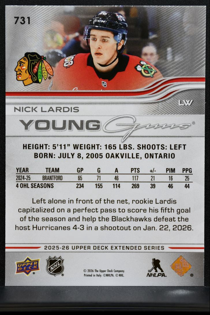 2025-26 Upper Deck Extended Series Young Guns Nick Lardis 731 Blackhawks RC 1129