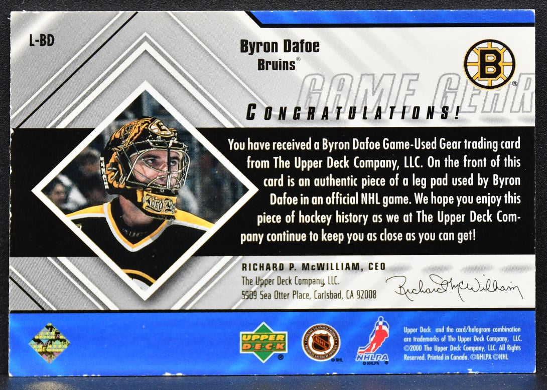 2000-01 Upper Deck Black Diamond Game Gear Byron Dafoe L-BD Jersey 8647