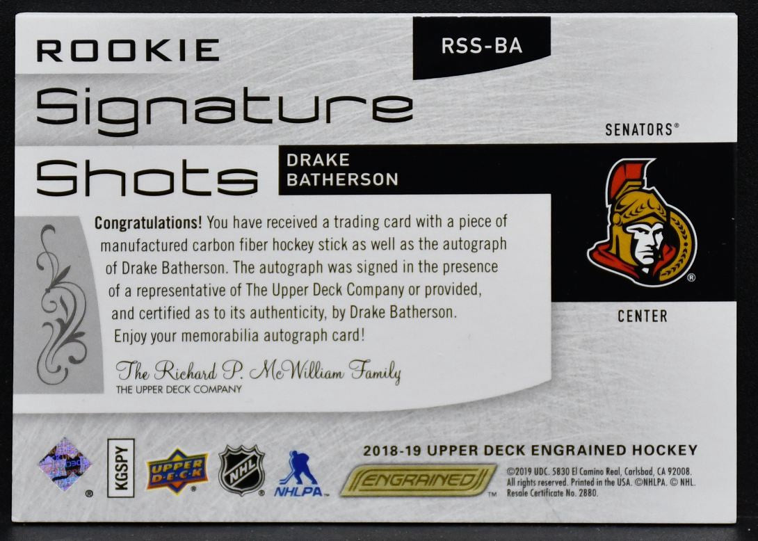 2018-19 UD Engrained Rookie Signature Shots Drake Batherson RSS-BA  RC Auto 249