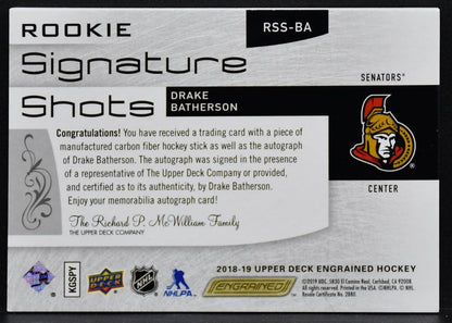 2018-19 UD Engrained Rookie Signature Shots Drake Batherson RSS-BA  RC Auto 249