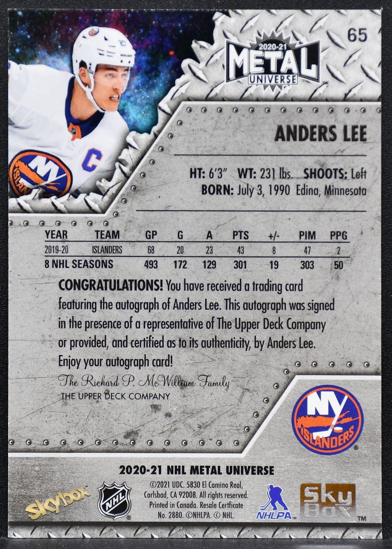 2020-21 Skybox Metal Universe Autographs Anders Lee 65 Auto 5003