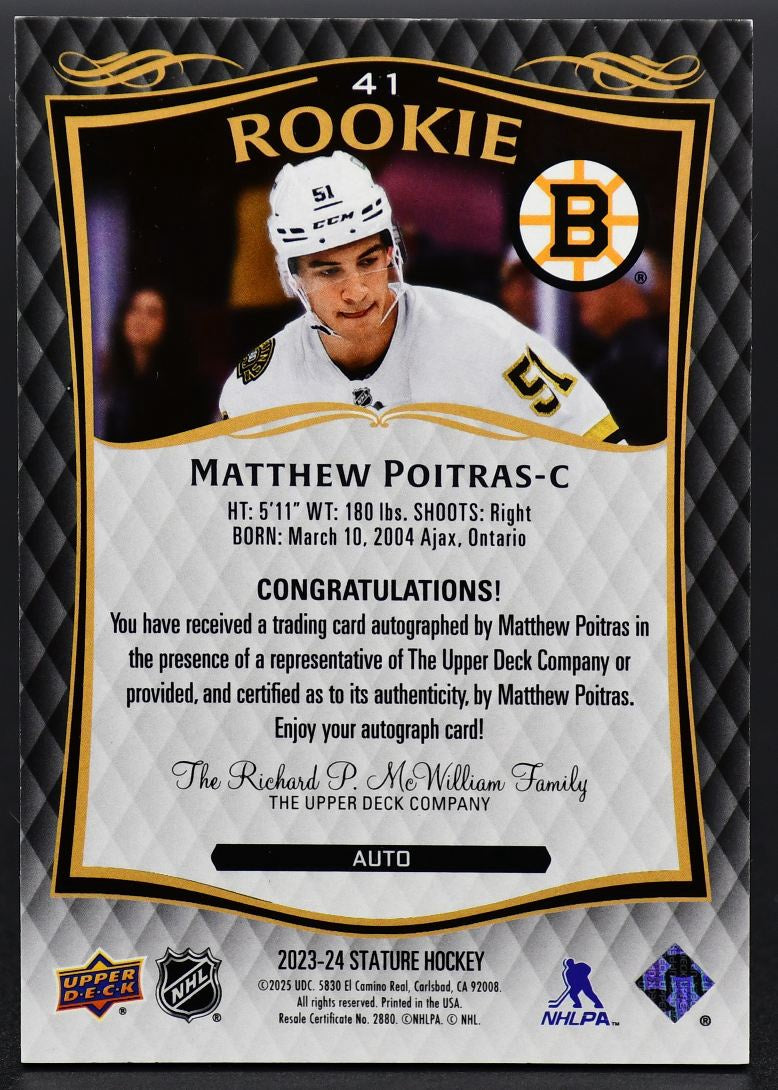 2023-24 UD Stature Update - Matthew Poitras 41 Boston Bruins RC Auto