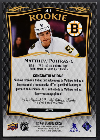 2023-24 UD Stature Update - Matthew Poitras 41 Boston Bruins RC Auto