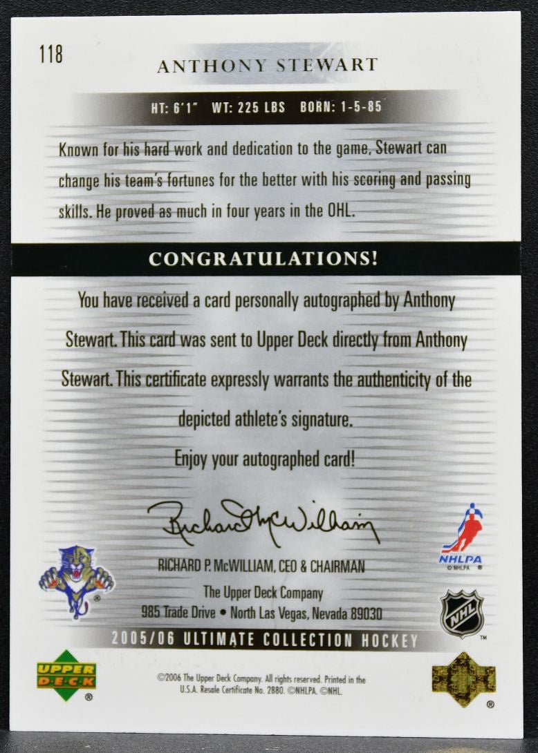 2005-06 UD Ultimate Collection Rookies Auto Anthony Stewart RC Auto 1726