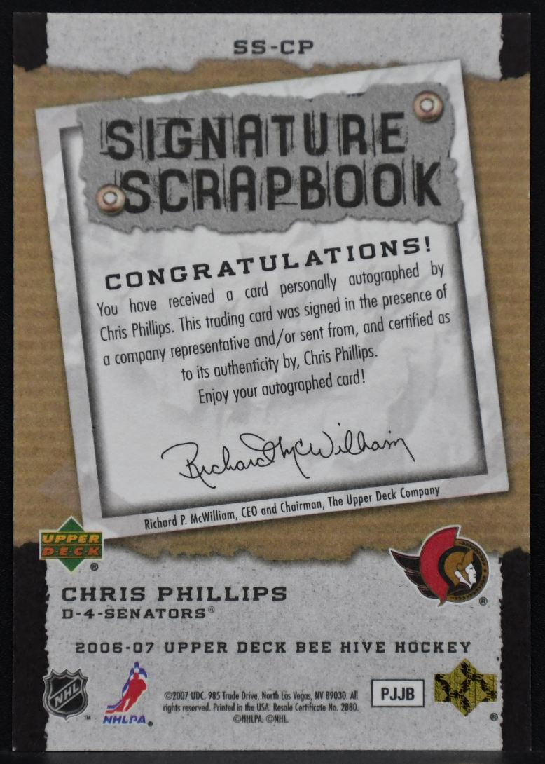 2006-07 UD Beehive Signature Scrapbook Chris Phillips SS-CP Ottawa Senators Auto