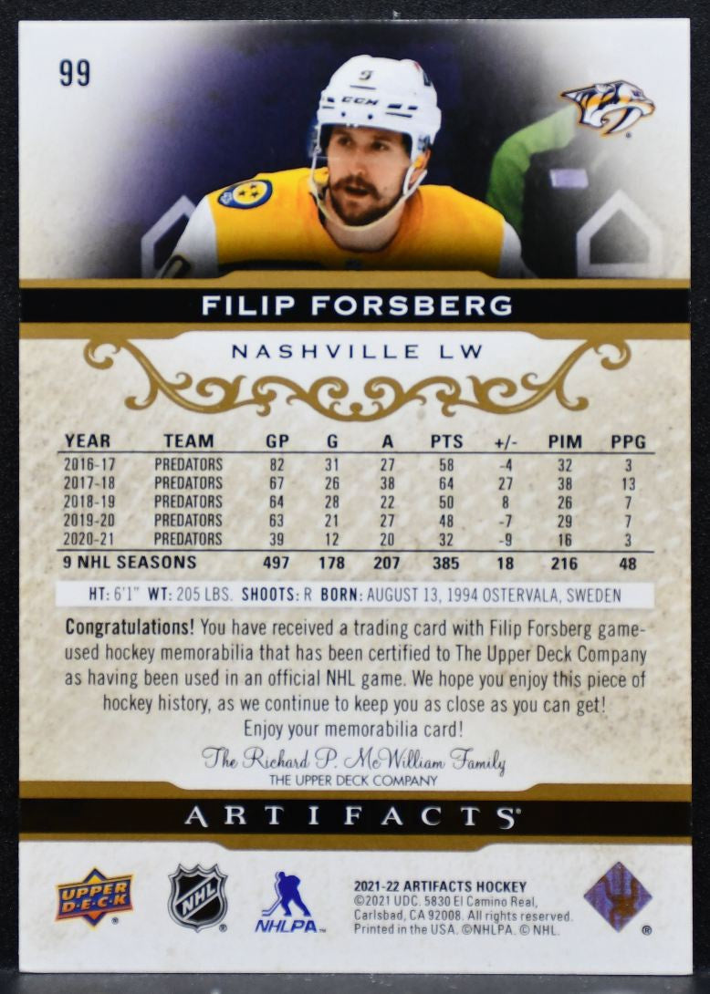 2021-22 UD Artifacts Material Gold Filip Forsberg Predators 130/249 Jersey 8529