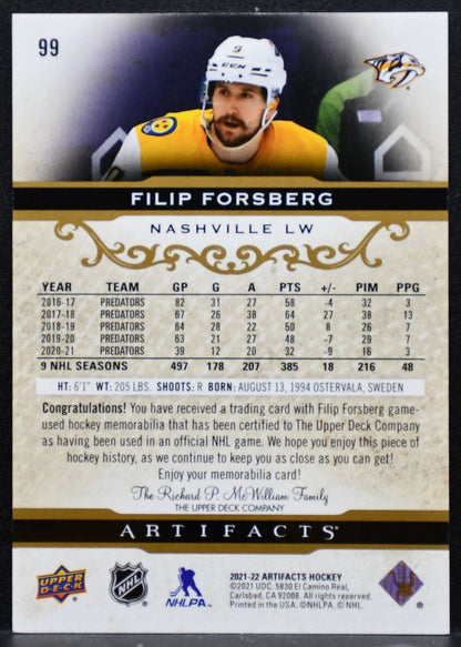 2021-22 UD Artifacts Material Gold Filip Forsberg Predators 130/249 Jersey 8529