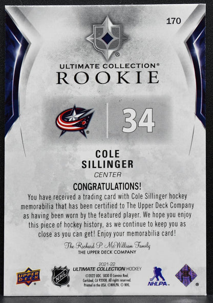 2021-22 UD Ultimate Collection Rookies Sillinger Blue Jackets RC Jersey 3437