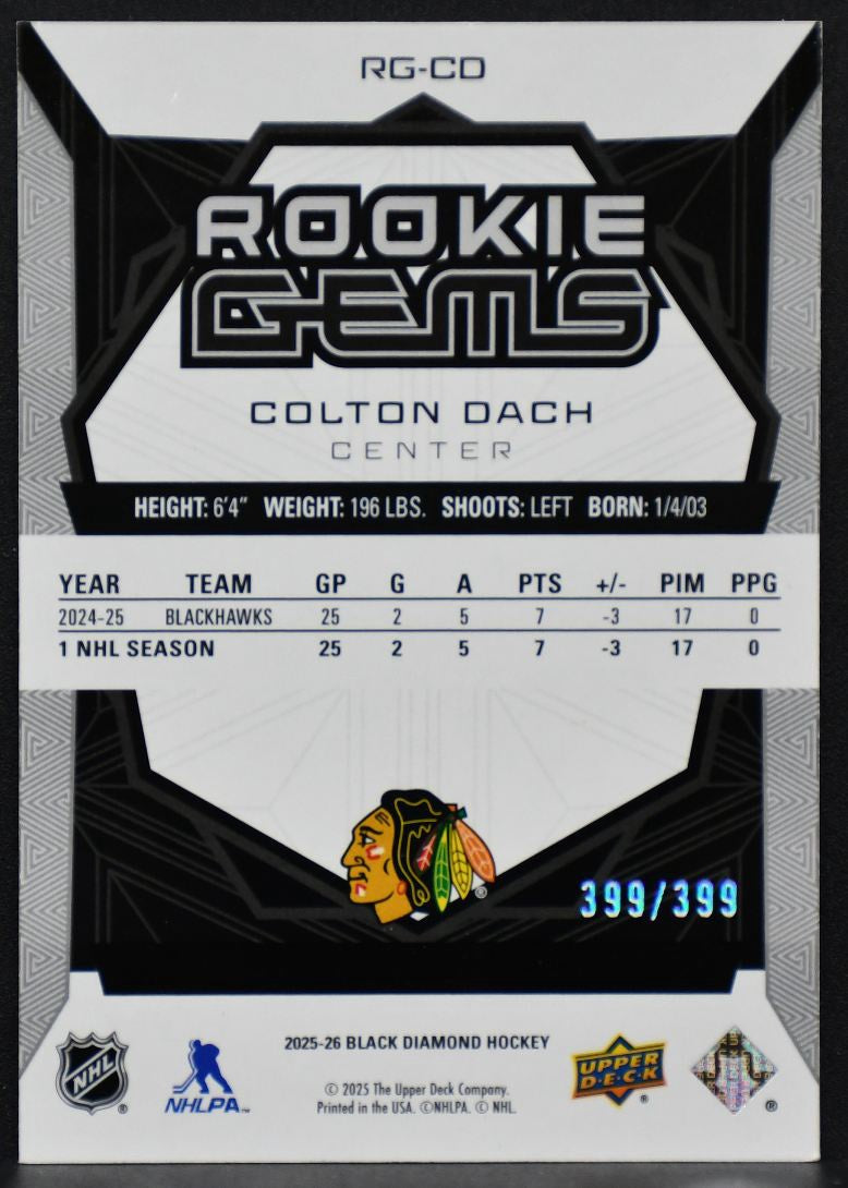 2025-26 UD Black Diamond RC Gems Colton Dach RG-CD Chicago Blackhawks RC 399/399 2692