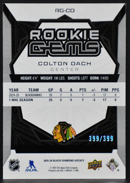 2025-26 UD Black Diamond RC Gems Colton Dach RG-CD Chicago Blackhawks RC 399/399 2692