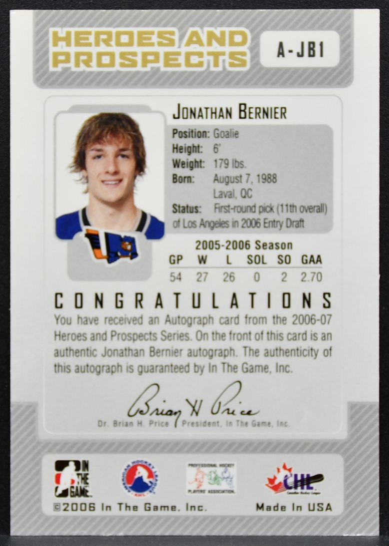 2006-07 In The Game Heroes and Prospects Autographs Jonathan Bernier Auto 2847