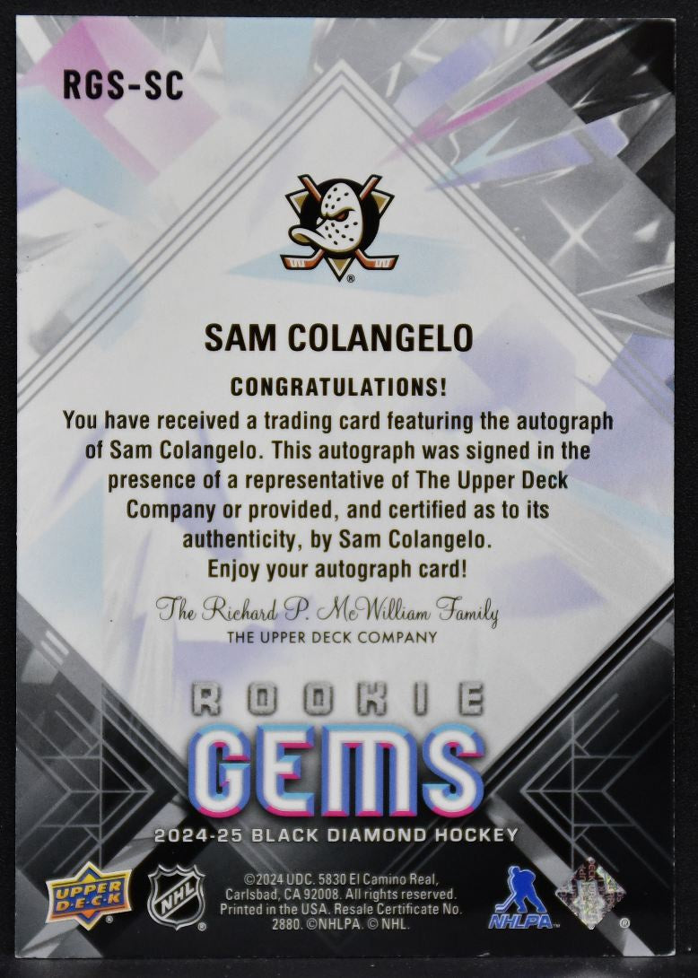 2024-25 UD Black Diamond RC Gems Signatures Sam Colangelo RGS-SC Ducks RC Auto 5501