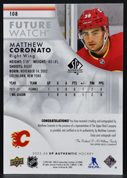 2023-24 SP Authentic Future Watch Inscribed Matthew Coronato 108 RC Auto /999